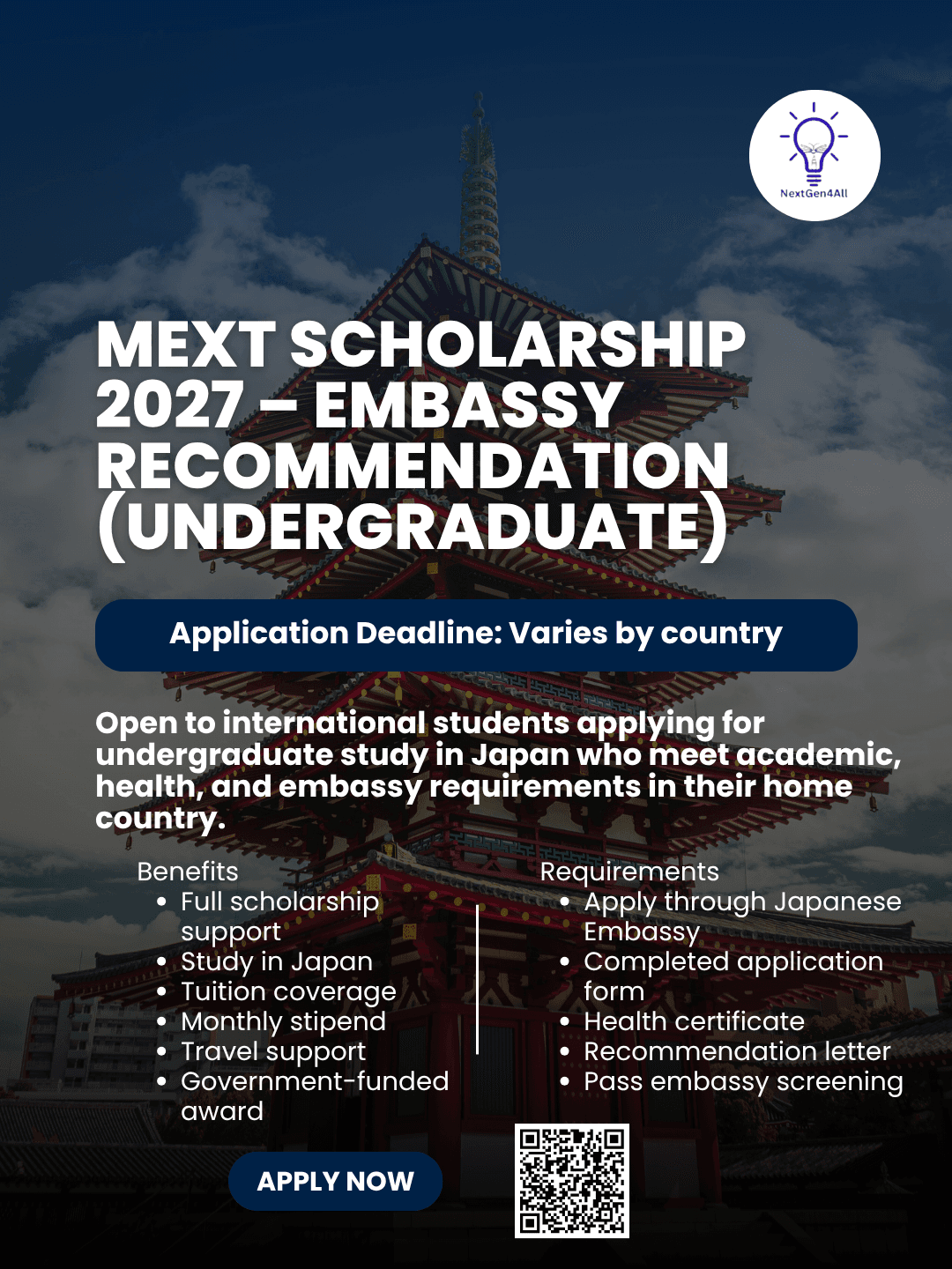 MEXT Scholarship 2027 – Embassy Recommendation (Undergraduate) | Japan