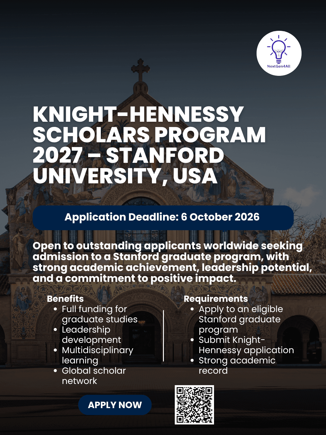 Knight-Hennessy Scholars Program 2027 – Stanford University, USA