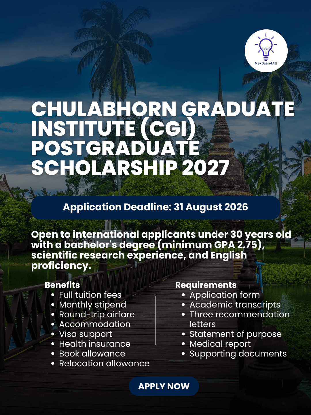 Chulabhorn Graduate Institute (CGI) Postgraduate Scholarship 2027 in Thailand