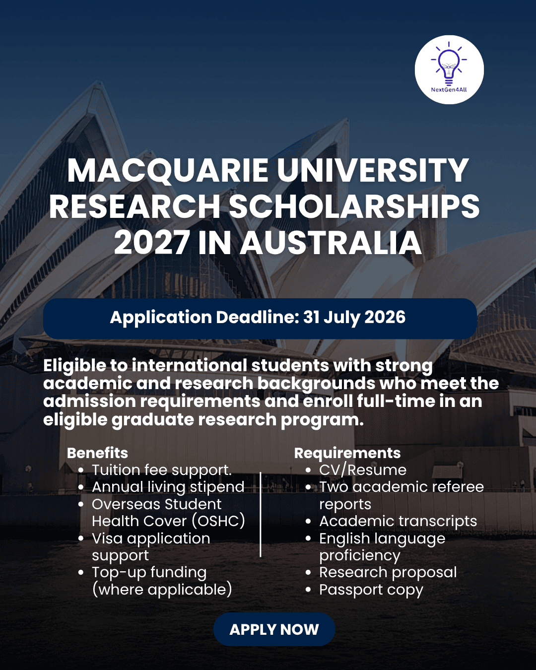 Macquarie University Research Scholarships 2027 in Australia