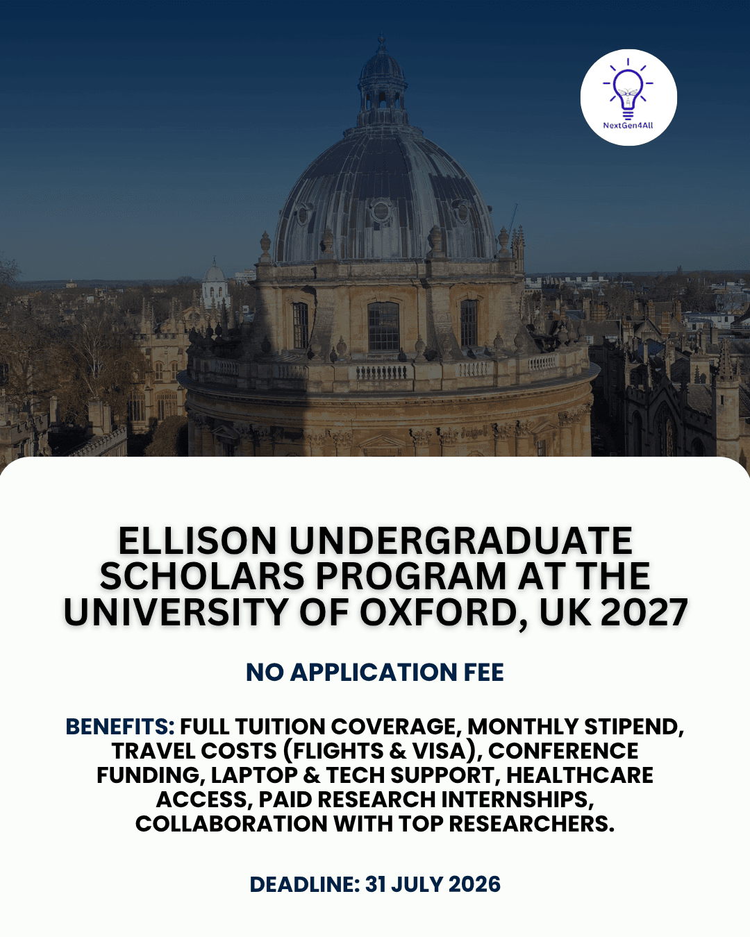 Ellison Undergraduate Scholars Program at the University of Oxford, UK 2027