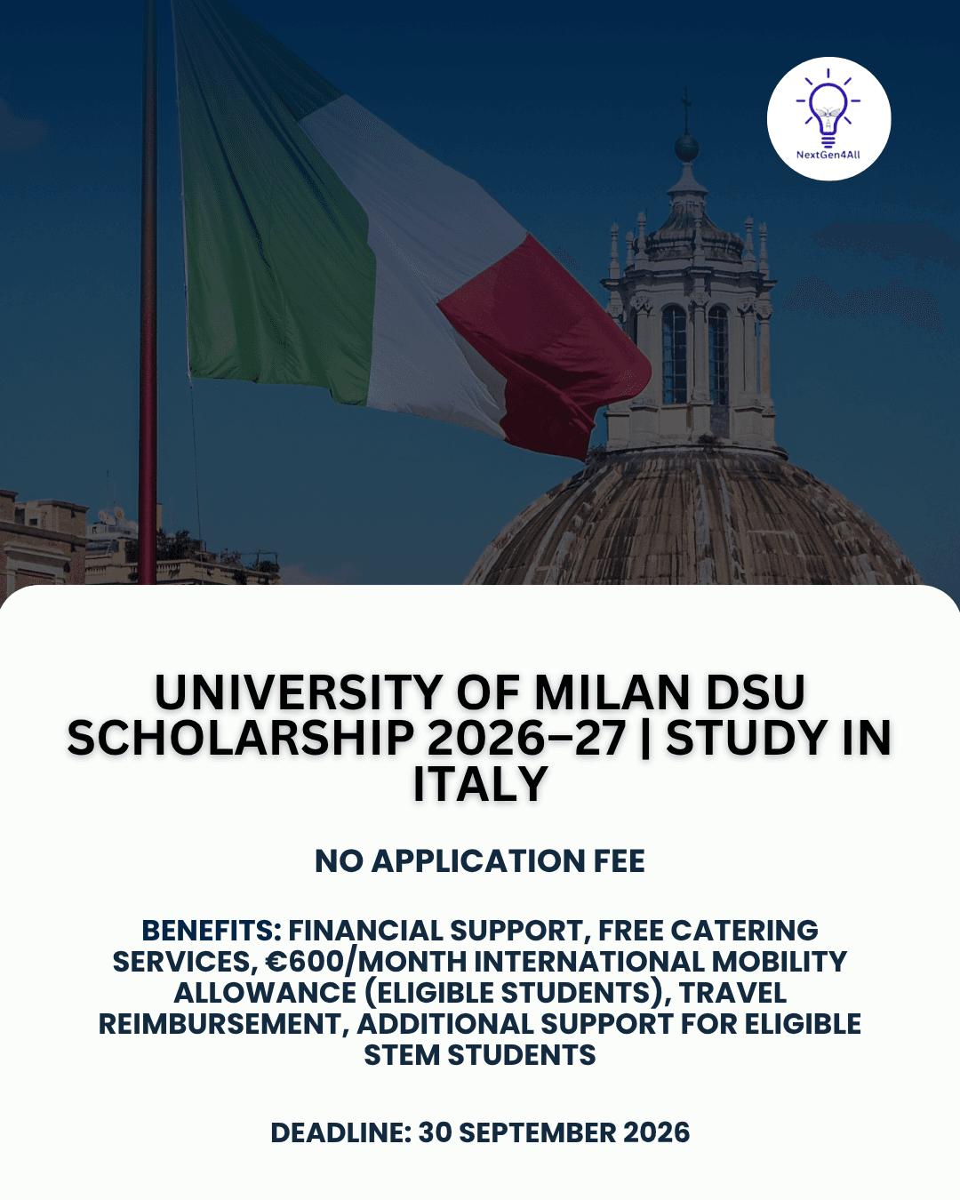University of Milan DSU Scholarship 2026–27 | Study in Italy