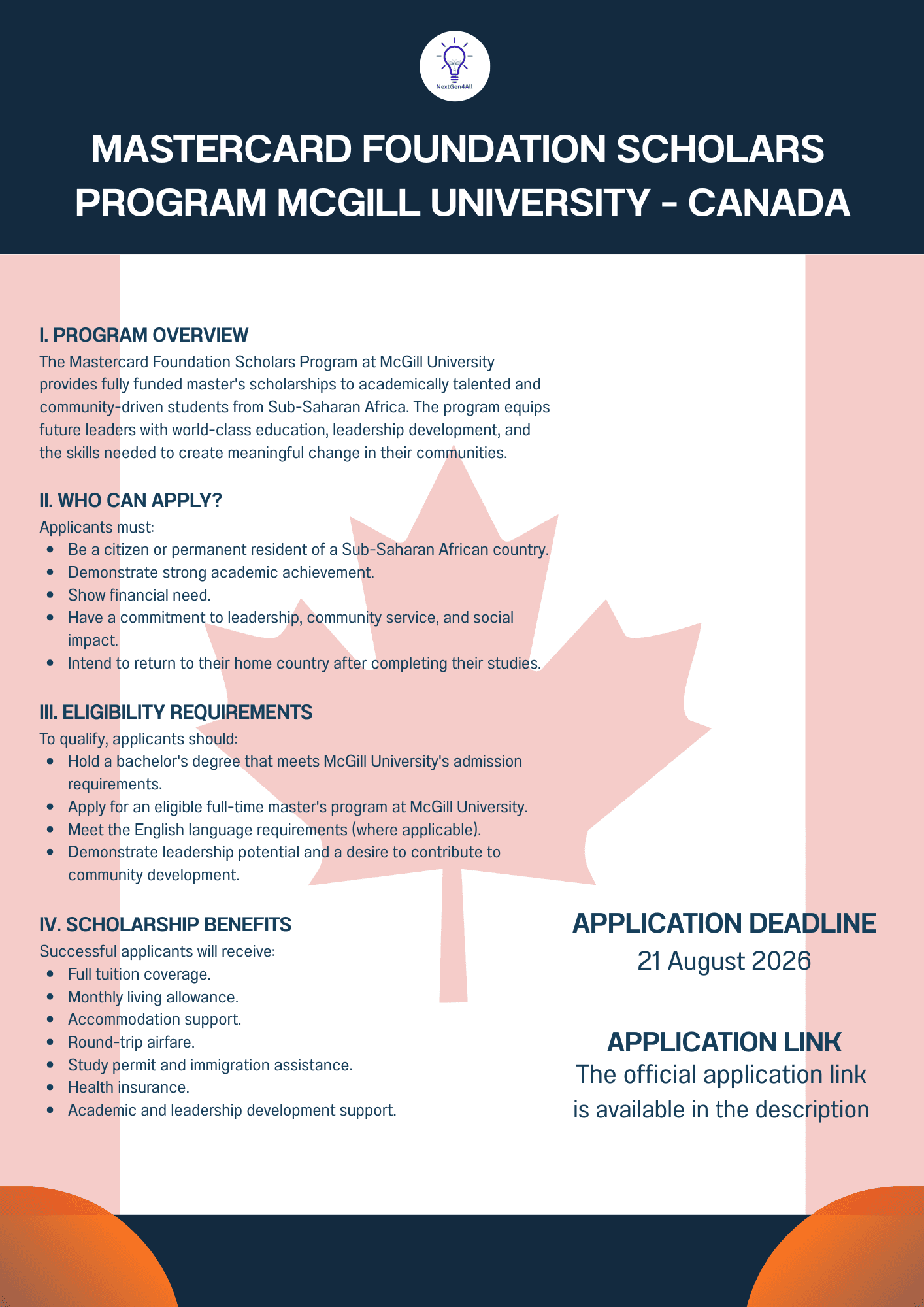 MASTERCARD FOUNDATION SCHOLARS PROGRAM McGill University – Canada