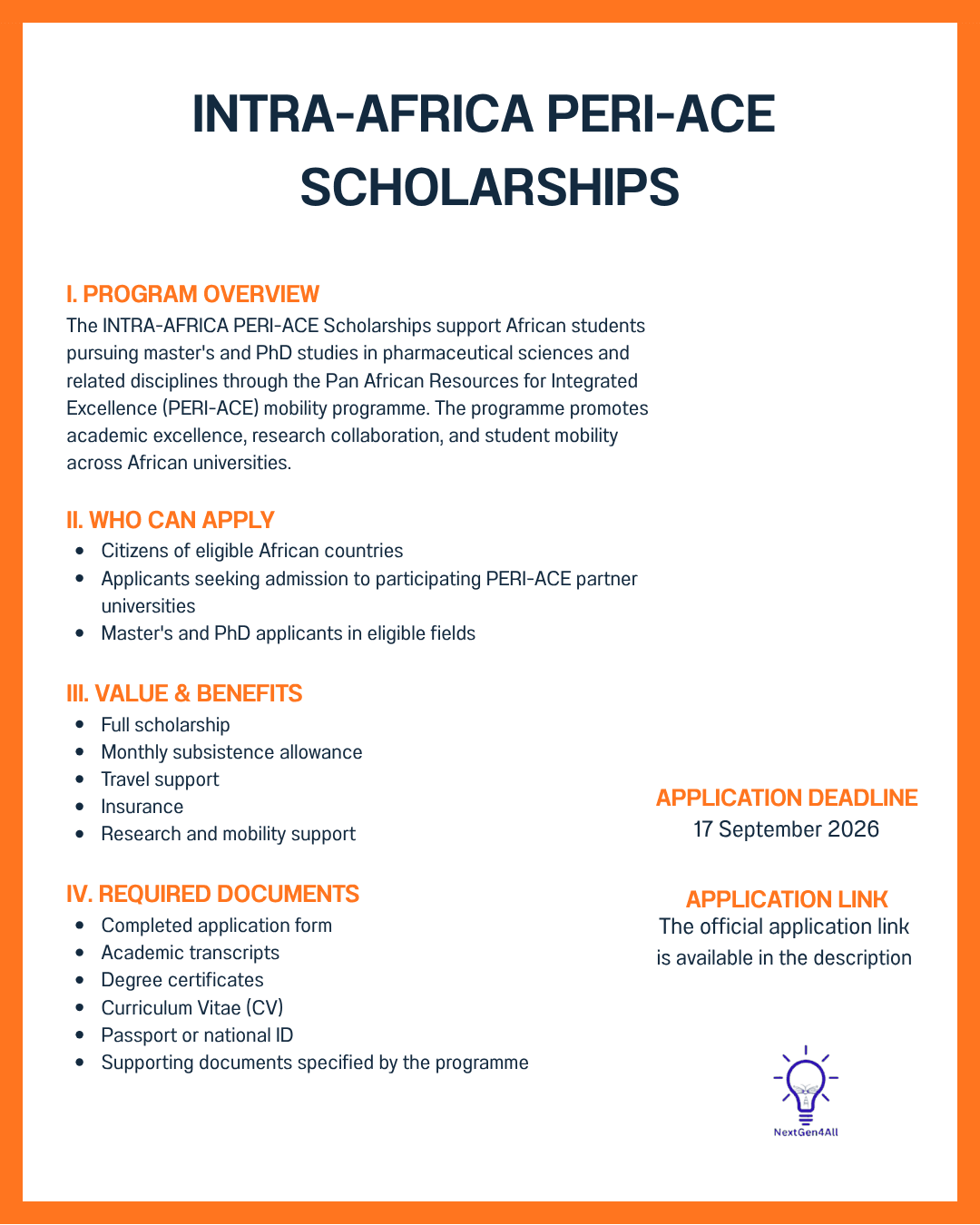 INTRA-AFRICA PERI-ACE SCHOLARSHIPS