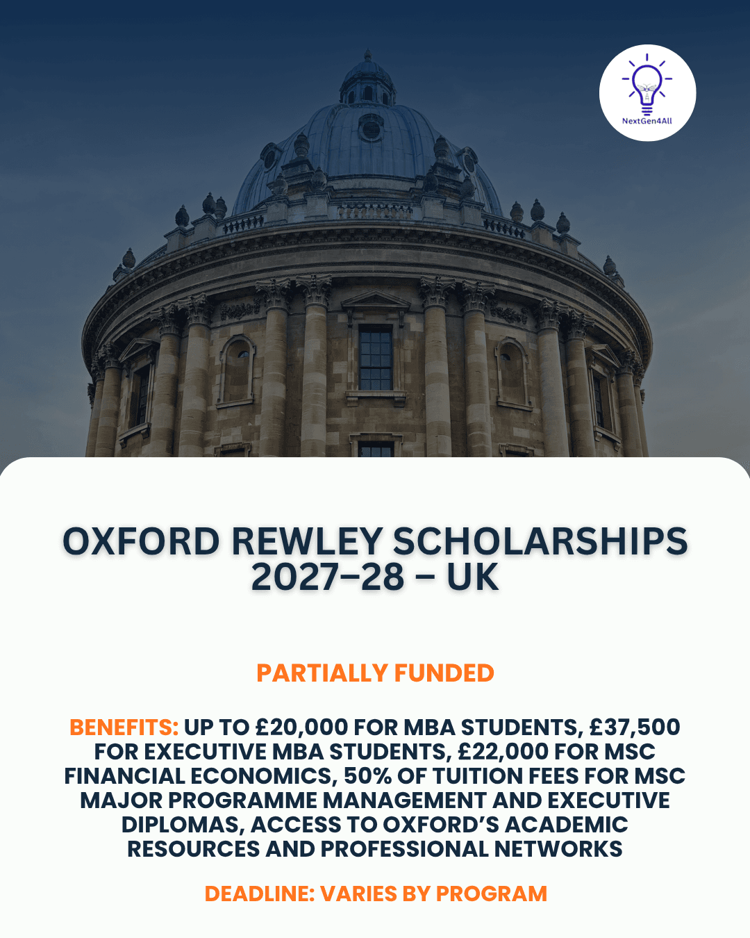 Oxford Rewley Scholarships 2027–28 – UK
