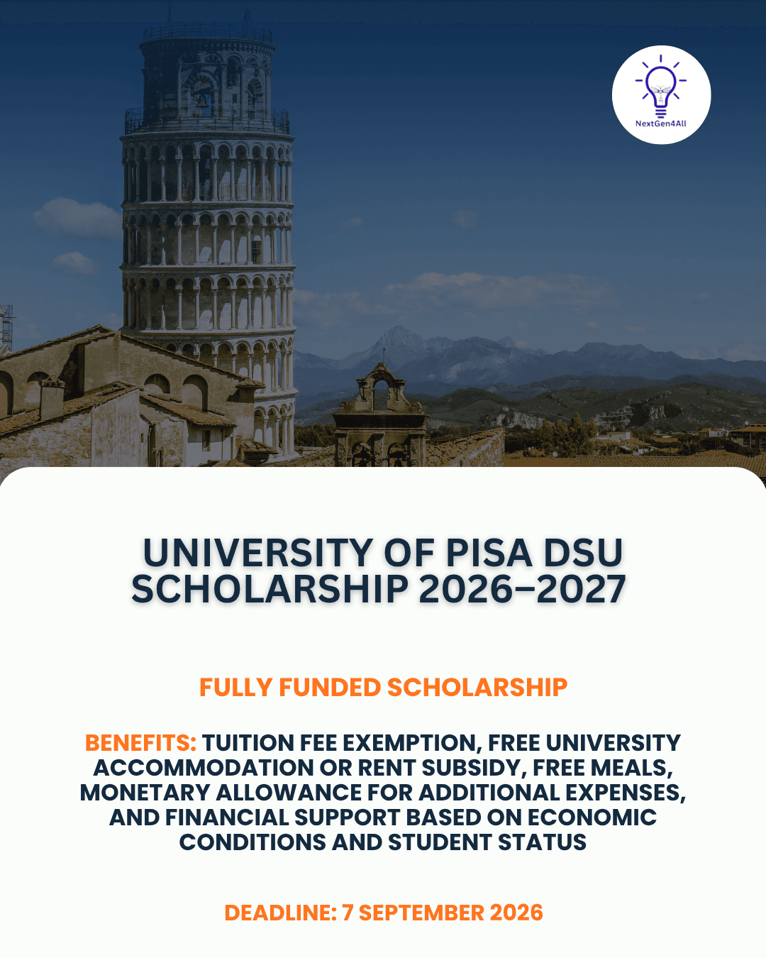 University of Pisa DSU Scholarship 2026–27 | Fully Funded