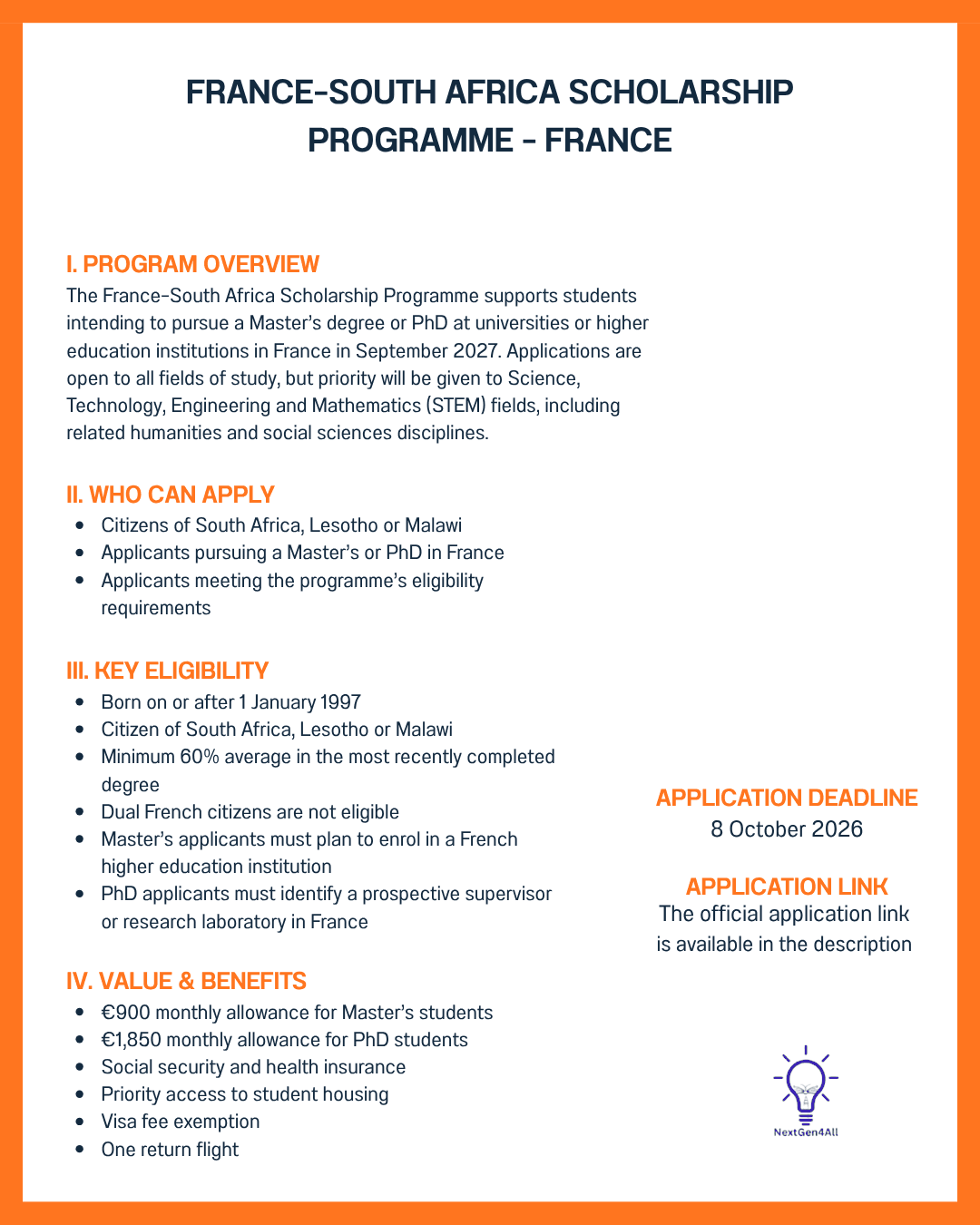 FRANCE–SOUTH AFRICA SCHOLARSHIP PROGRAMME – FRANCE