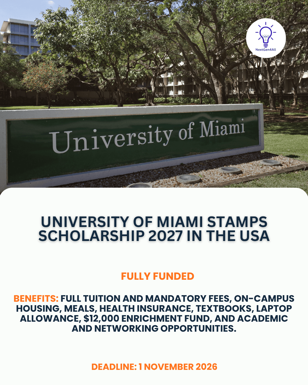 University of Miami Stamps Scholarship 2027 in the USA | Fully Funded